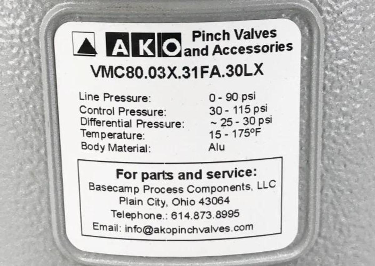 New AKO VMC80.03X.31FA.30LX Pinch Valve 80mm Nominal - No Box