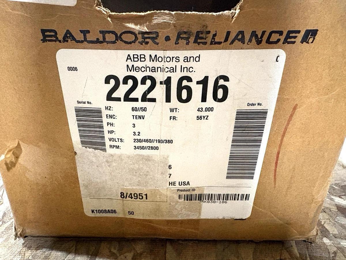 Baldor 2221616 3.2HP TENV Motor 230/460-190/380V 3PH 60/50Hz 3450/2800RPM 56YZ