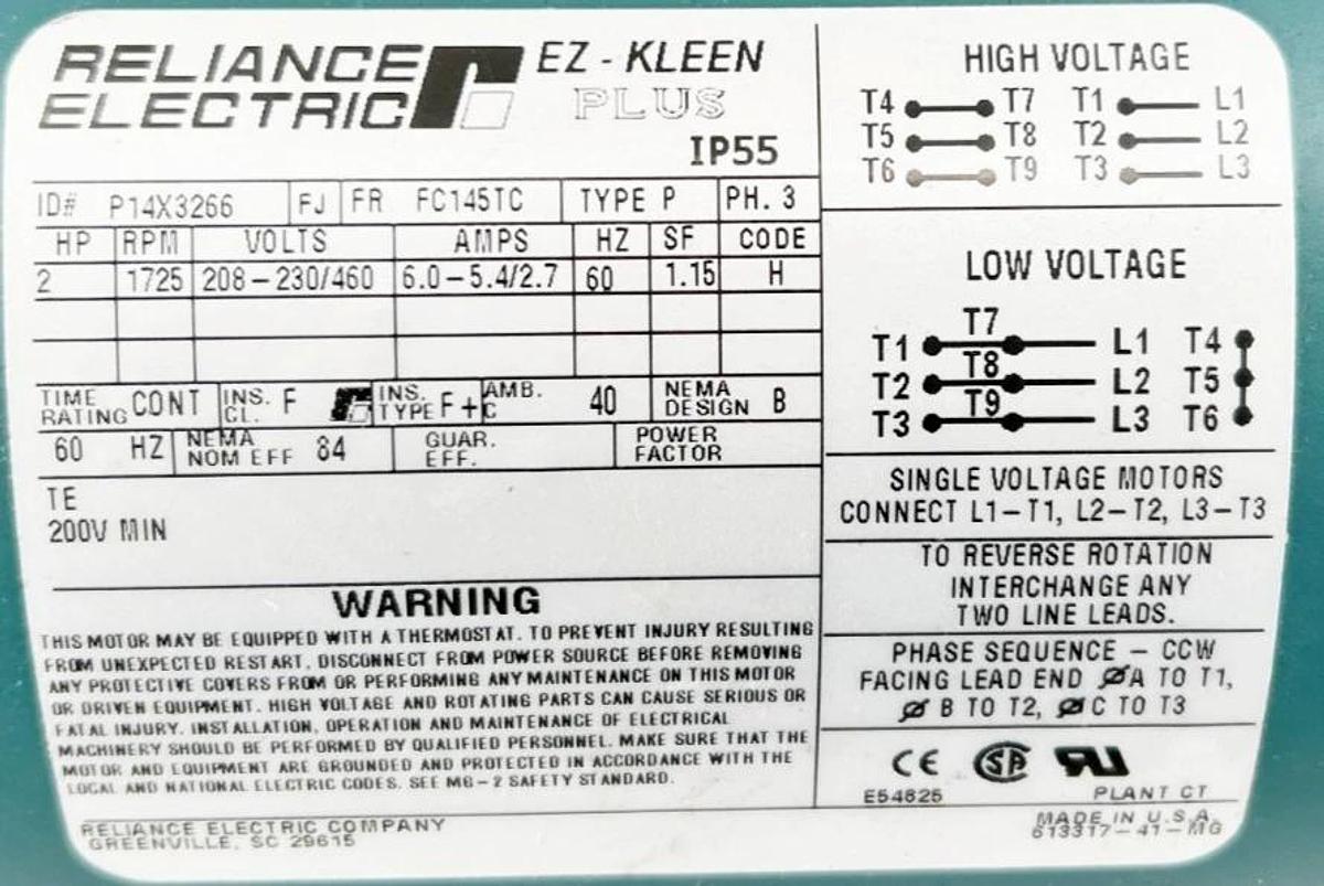 New Reliance Electric P14X3266 Motor 2hp 1725rpm 208-230/460V 3PH - No Box