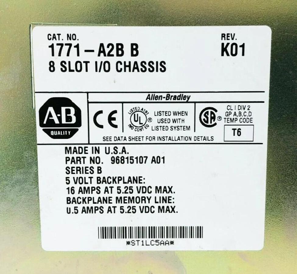 Used Allen Bradley 1771-A2B Ser. B 8-Slot I/O Chassis Rev. K01 96815107