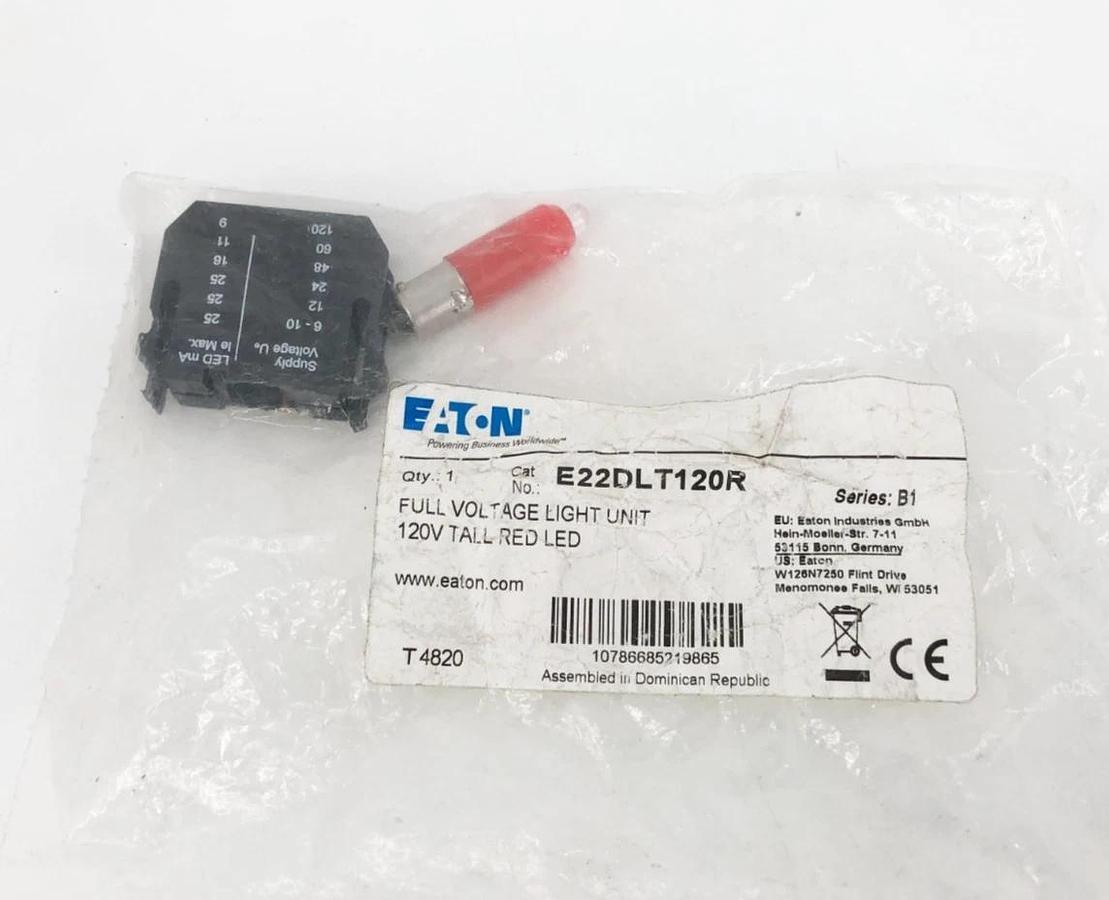 New Eaton E22DLT120R Full Voltage Light Unit 120VAC/DC Tall Red LED