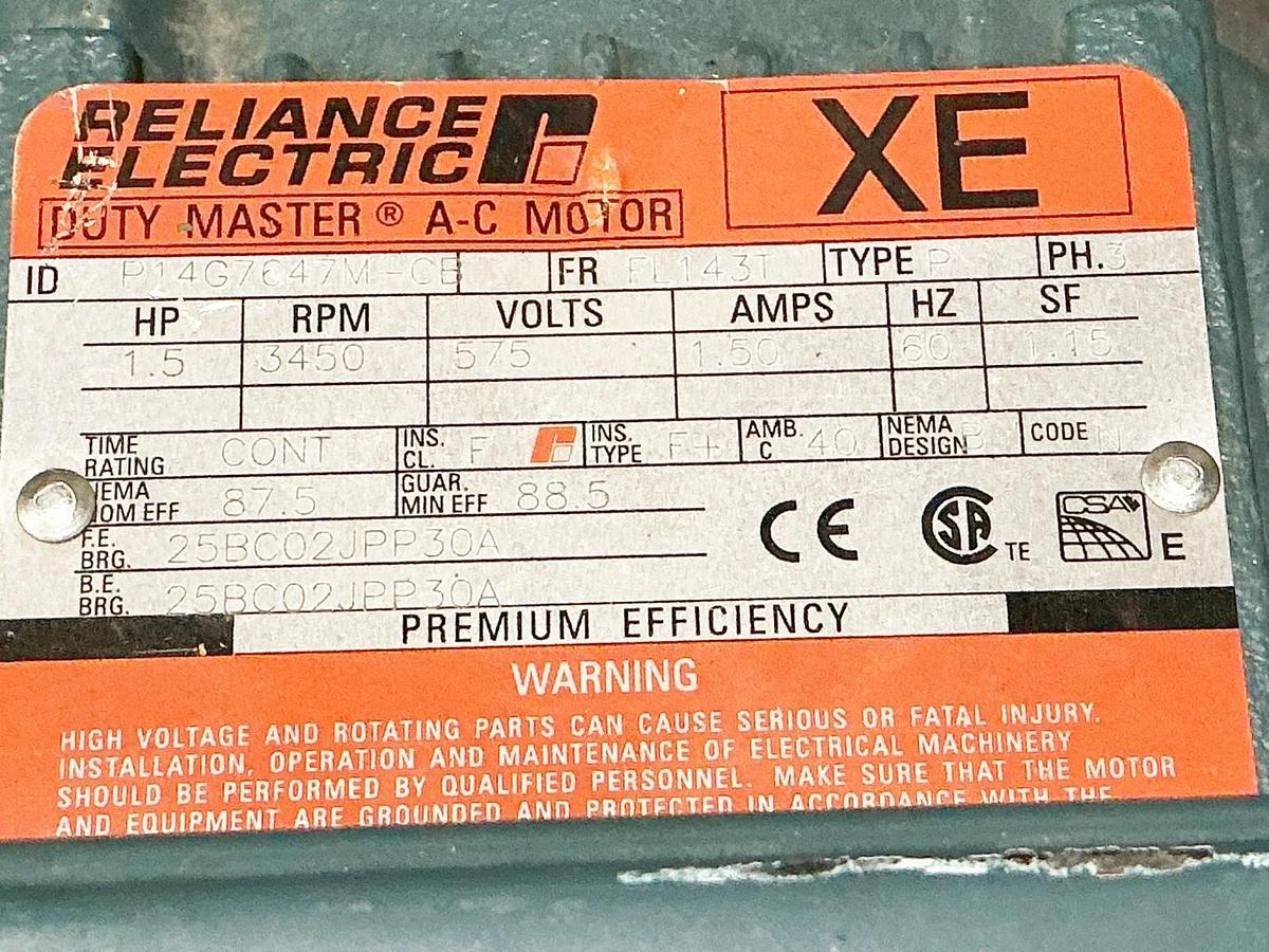 Used Reliance P14G7647M-CB Electric Motor 575V 3450RPM 1.5HP 1.5A FL143T 25BC02JPP30A