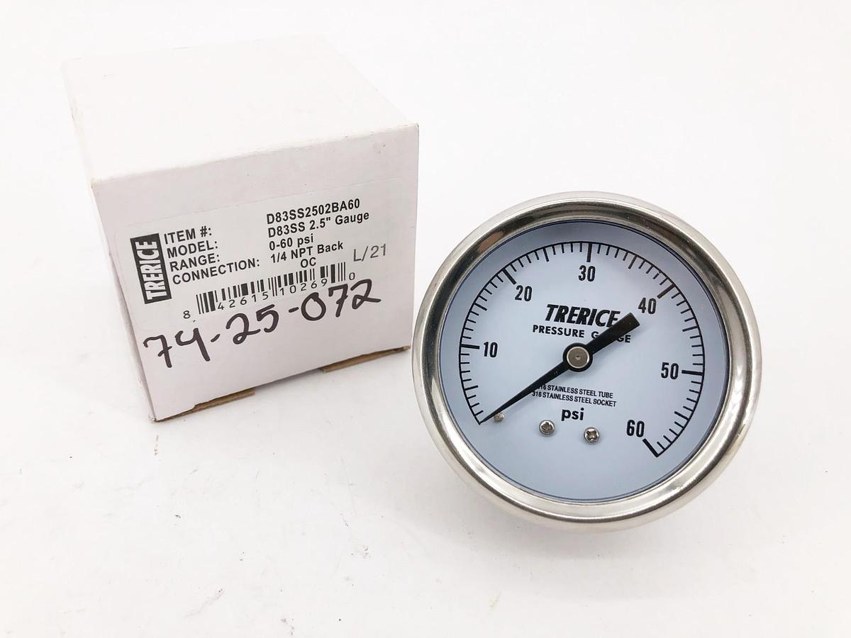 New Trerice D83SS2502BA60 Pressure Gauge D83SS 2.5" Gauge 0-60psi 1/4" NPT Back
