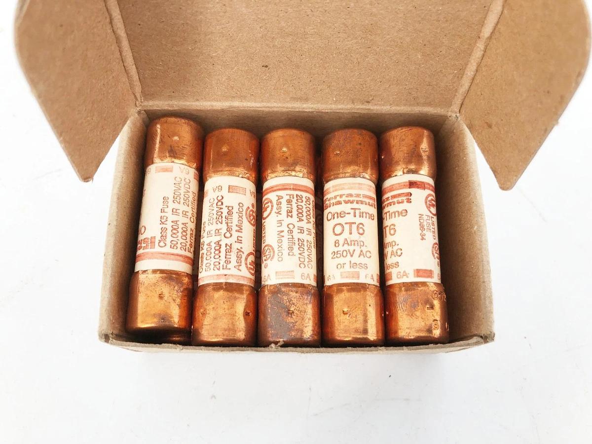 Box of 10 New Mersen OT6 One-Time Fuses 250V 6A H216230