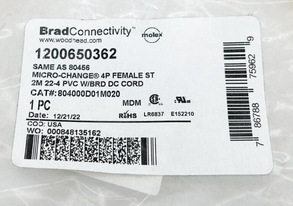 New Lot of 2 Brad Connectivity 1200650362 Micro-Change 4P Female ST 2M 22-4 P