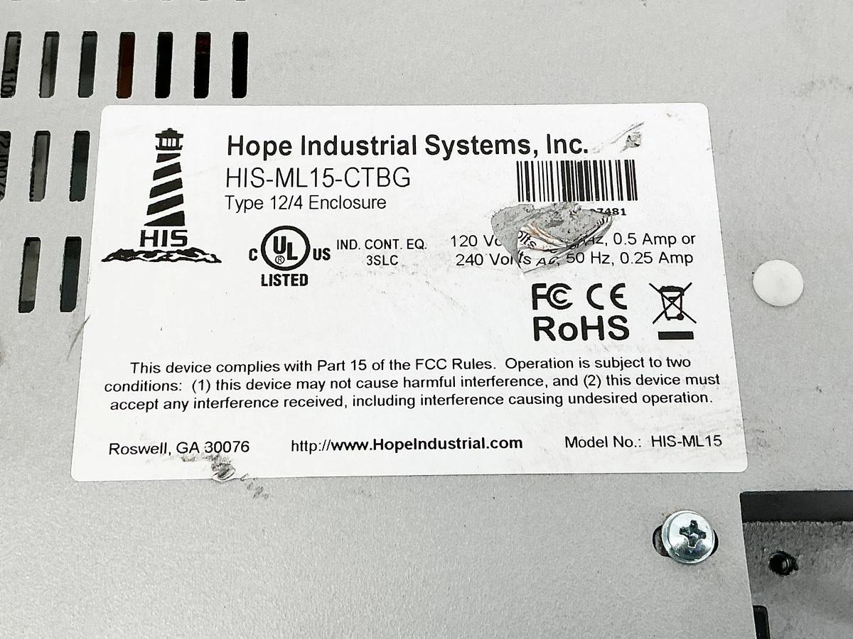 Used Hope Industrial Systems HIS-ML15-CTBG 15" Touch Screen 240V 50/60Hz 0.25A