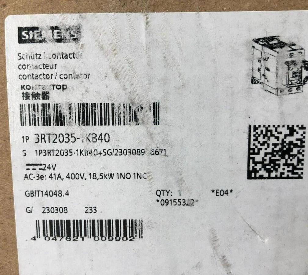 New Siemens 3RT2035-1KB40 Magnetic Contactor 3P 24VDC 40A