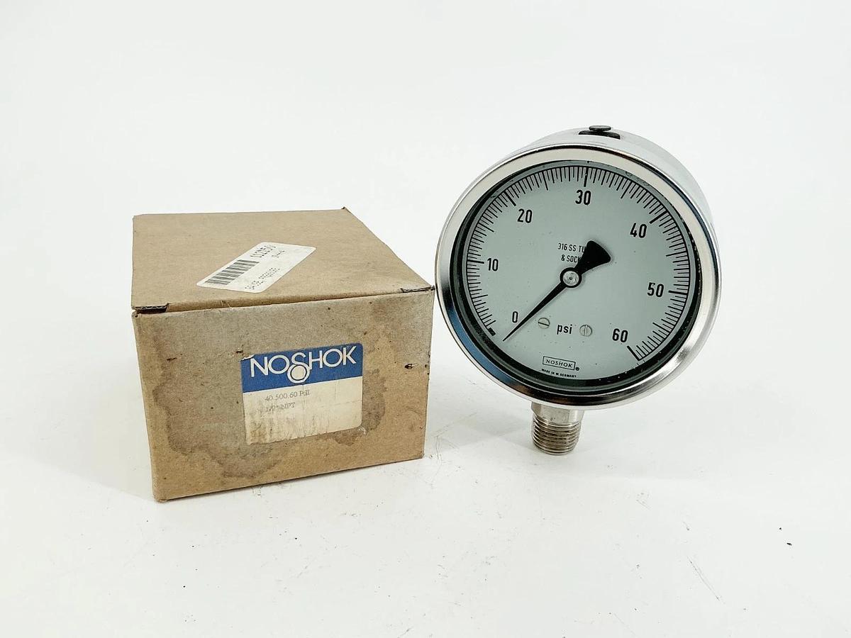 New NoShok 40-500-60 Pressure Gauge 4" Face 1/2"NPT 60PSI