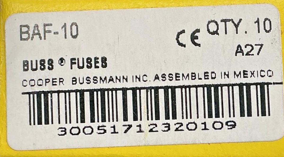 New Bussmann BAF-10 250Vac Fast-Acting Fuse 10A 250V Box of 10