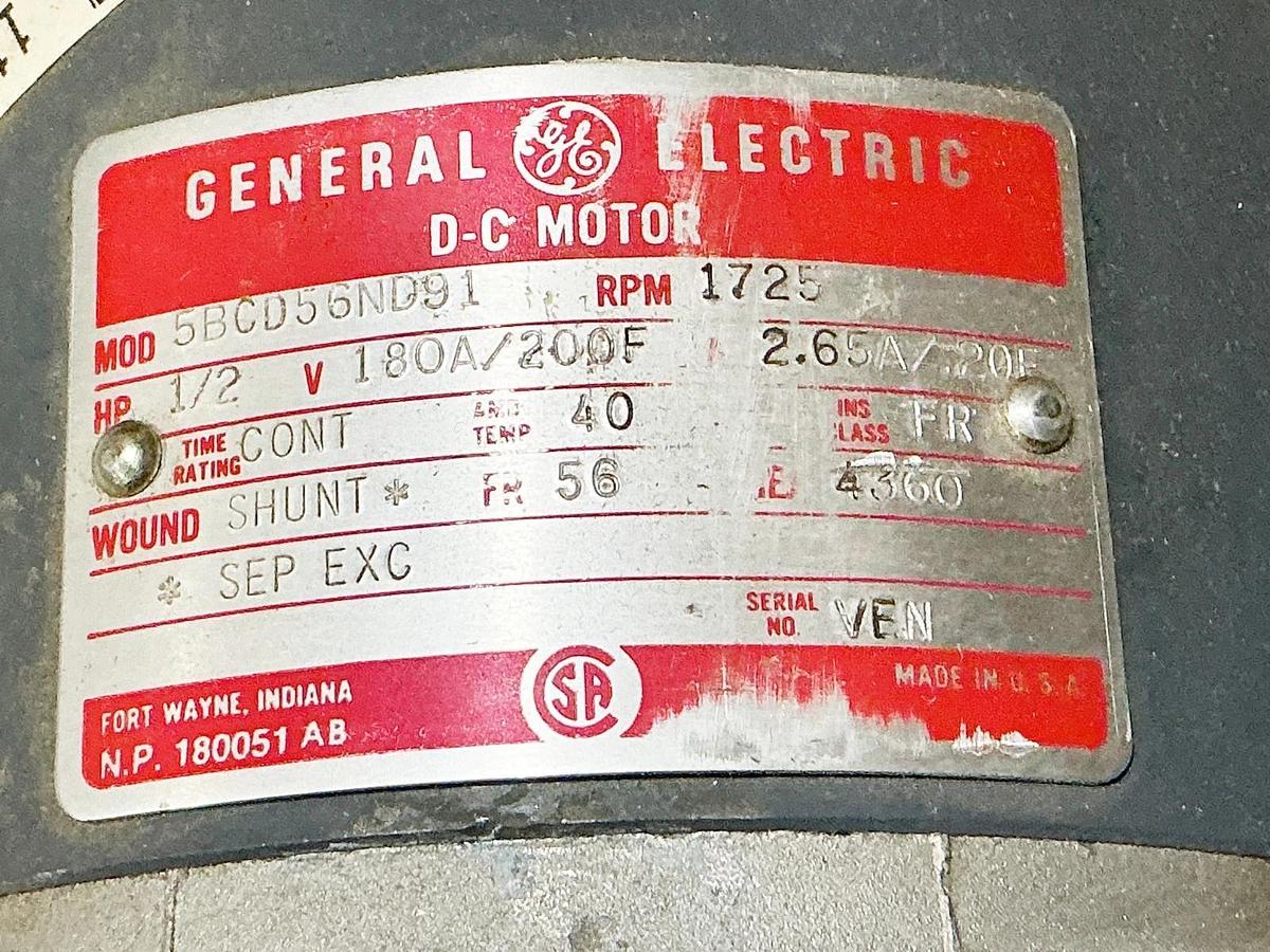 Used General Electric 5BCD56ND91 Electric DC Motor 1/2HP 1725RPM 180V 2.65A