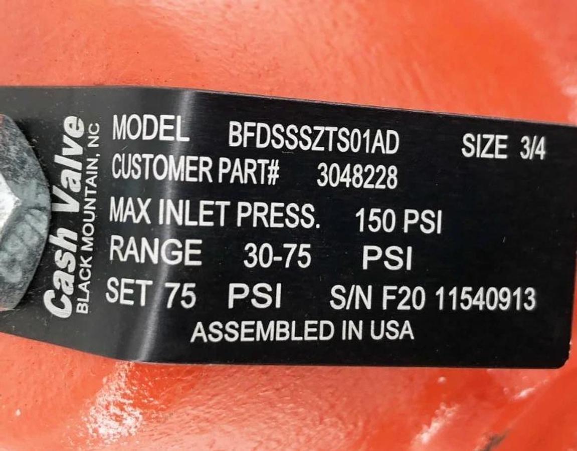 New Cash BFDSSSZTS01AD Pressure Regulator 3/4" 75PSI Set Pressure - No Box