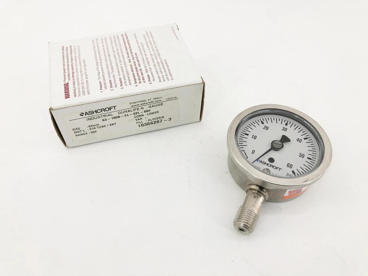 New Ashcroft 63-1008-SL-02L-60# Duralife Gauge 63mm 60psi Lower Mount 10386267-3