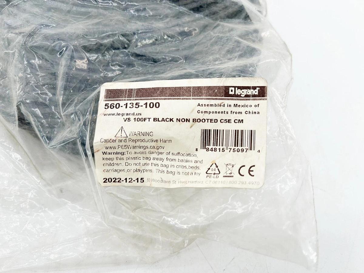 New Lot of 2 Legrand 560-135-100 Patch Cable VS 100' Black Non Booted C5E CM