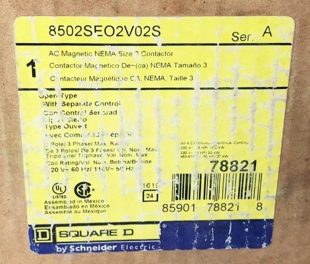 New Square D 8502SEO2V02S AC Magnetic Contactor NEMA 2 110/120V 3P 3PH