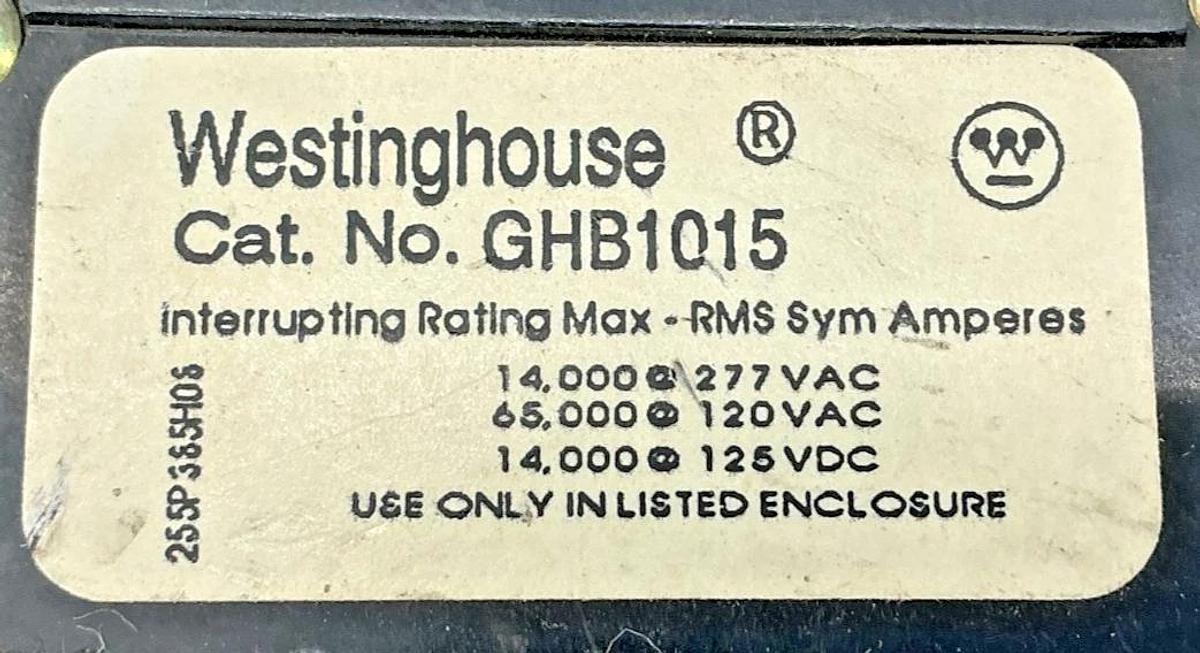 Used Westinghouse GHB1015 Circuit Breaker Type GHB 1-Pole 15A 277VAC