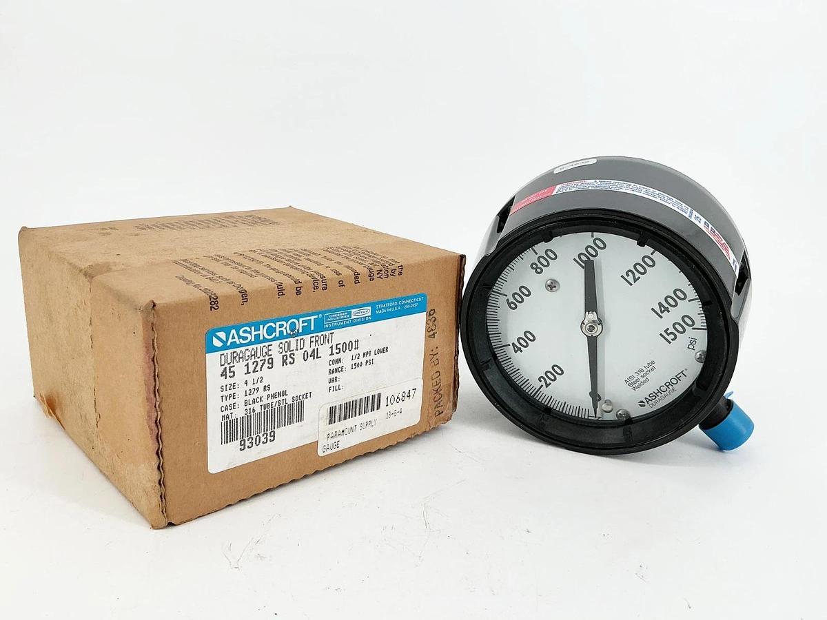 New Ashcroft 45-1279-RS-04L-1500# Pressure Gauge 4.5" 1500PSI 1/2" NPT 316 Tube