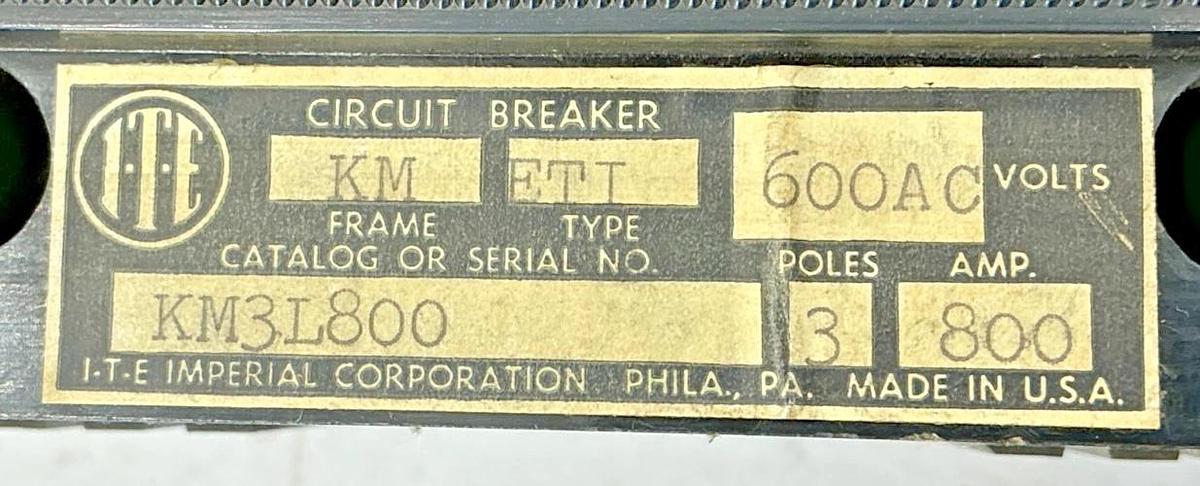Used ITE KM3L800 Circuit Breaker 3-Pole 3-Phase 800A 600VAC