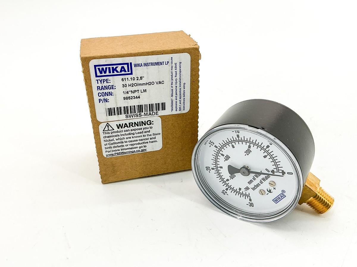 New Wika 9852344 Pressure Gauge -30-0" H20 1/4"NPT 2.5" Face 611.10 2,5"