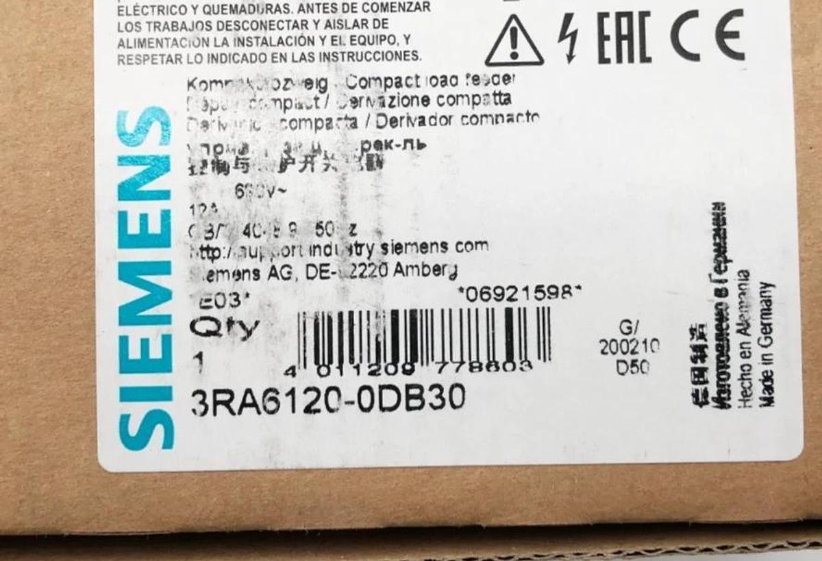 New Siemens 3RA6120-0DB30 Compact Load Feeder 690V 24VAC/DC 3-12A