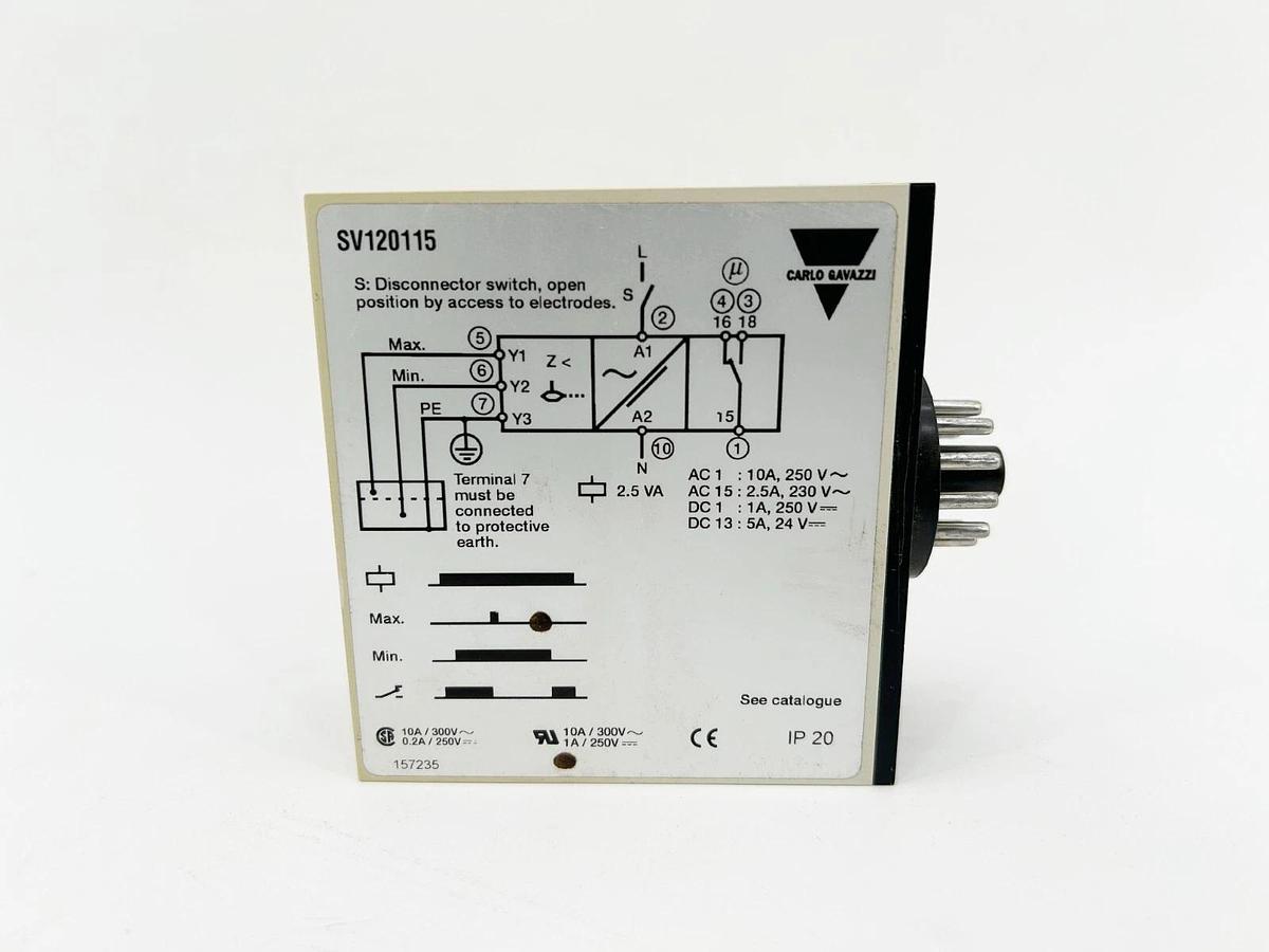 Used Carlo Gavazzi SV120115 Level Control Relay 25KOHM 10A 115V 50/60Hz