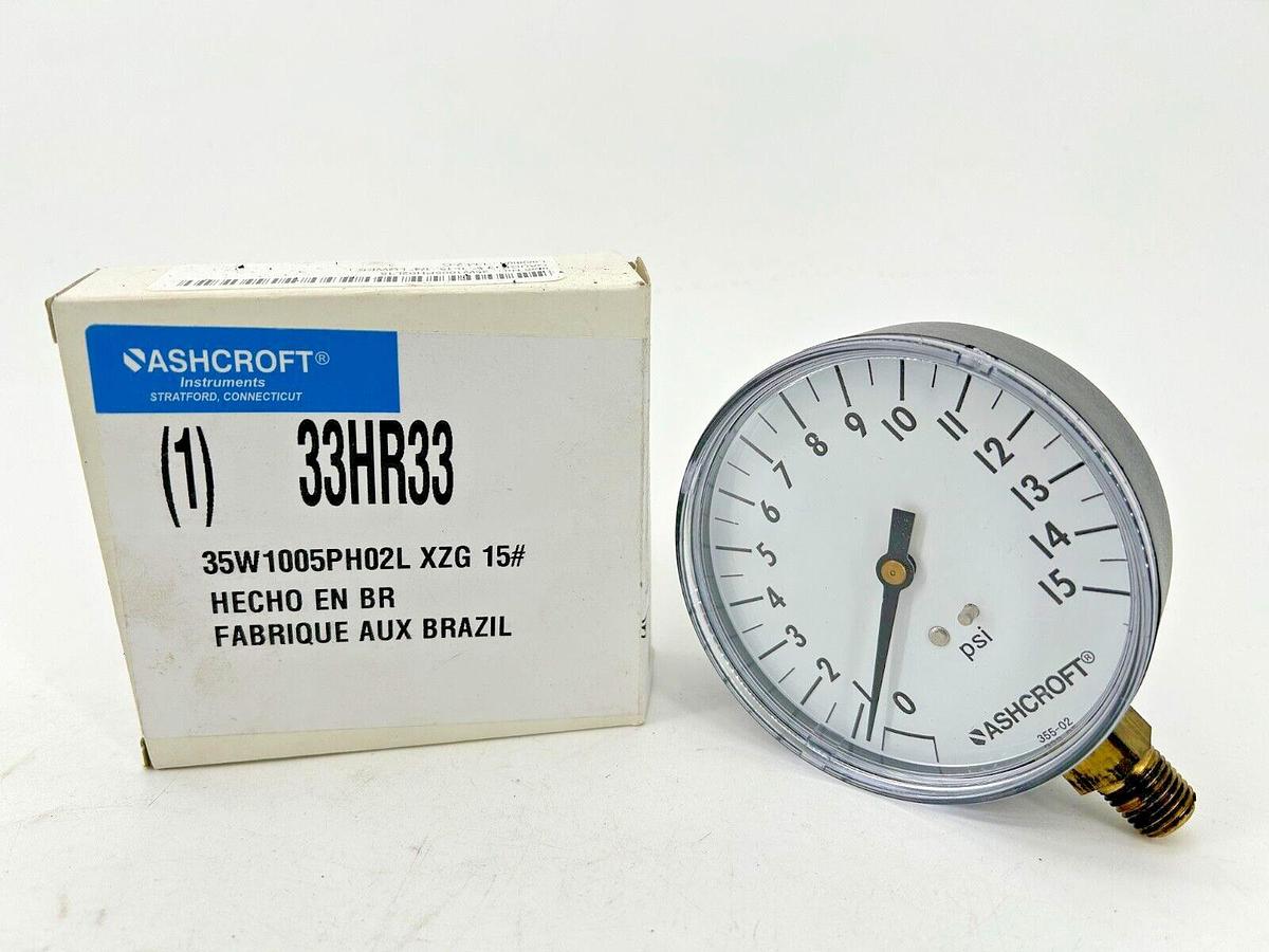 New Ashcroft 33HR33 Pressure Gauge 0-15 PSI 3.5" Dial 1/4" Lower