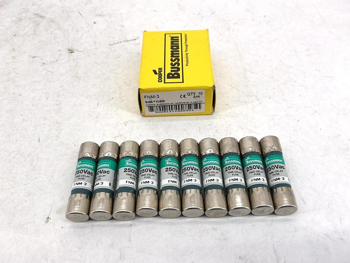 New Bussmann FNM-3 250Vac Time-Delay Fuse 3A 250V Box of 10