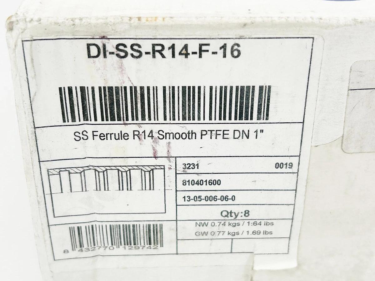 New Box of 8 Dicsa DI-SS-R14-F-16 SS Ferrule R14 Smooth PTFE DN 1"