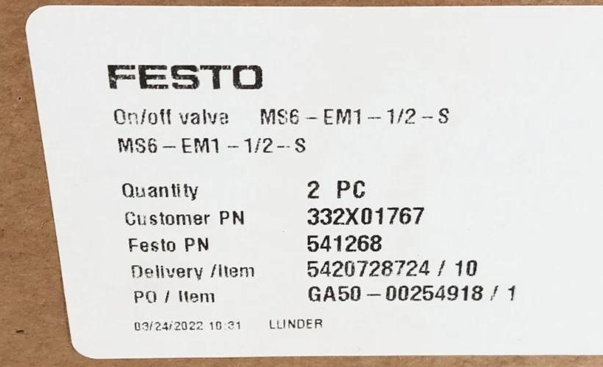 New Festo MS6-EM1-1/2-S On/Off Valve 541268 270psi 1/2" NPT