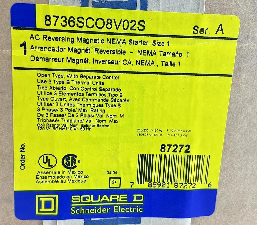 New Square D 8736SCO8V02S Ser A AC Reversing Magnetic Starter 110/120V 50/60HZ