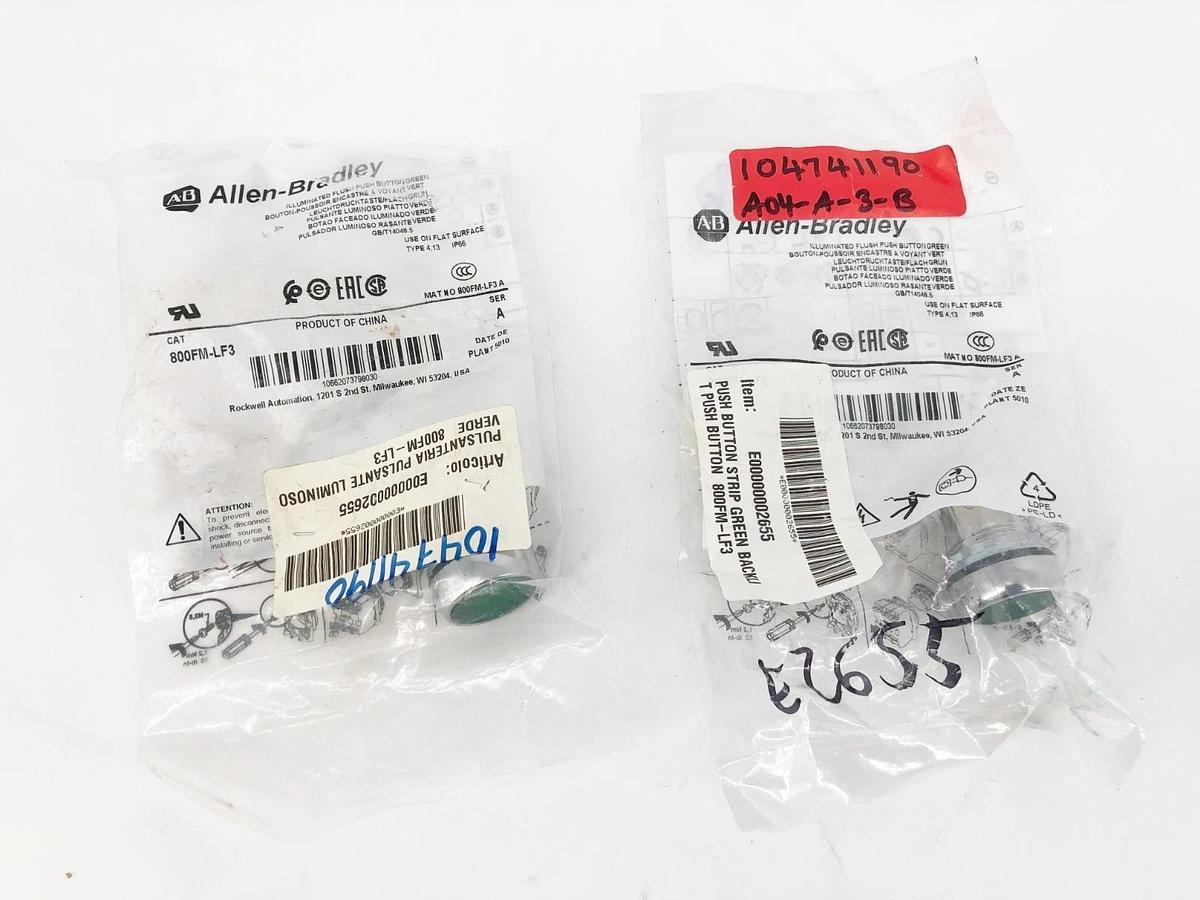 Lot of 2 New Allen Bradley 800FM-LF3 Green Flush Mount Pushbutton Illuminated