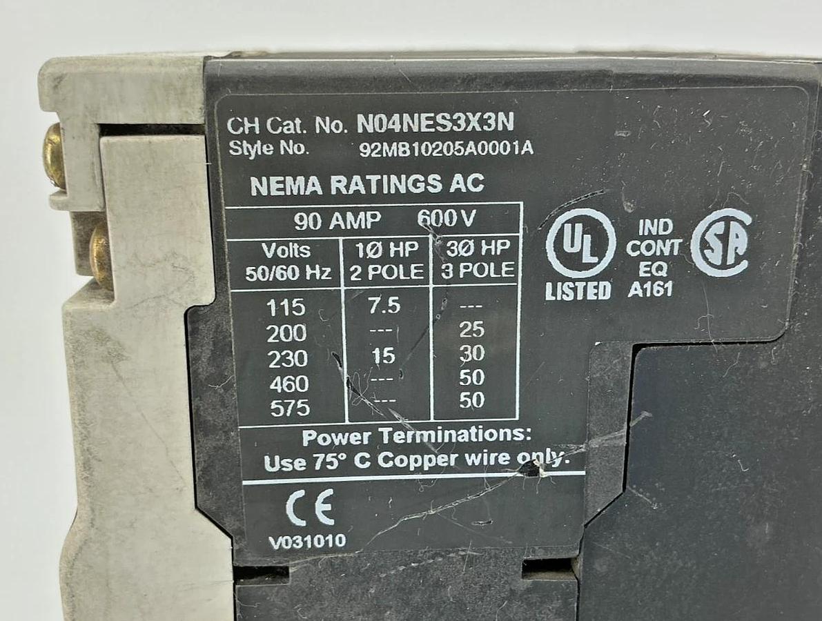 Used Eaton Cutler-Hammer N111ES3X3N Contactor 3P 90A w/ 24VDC Coil Controller N05NES3