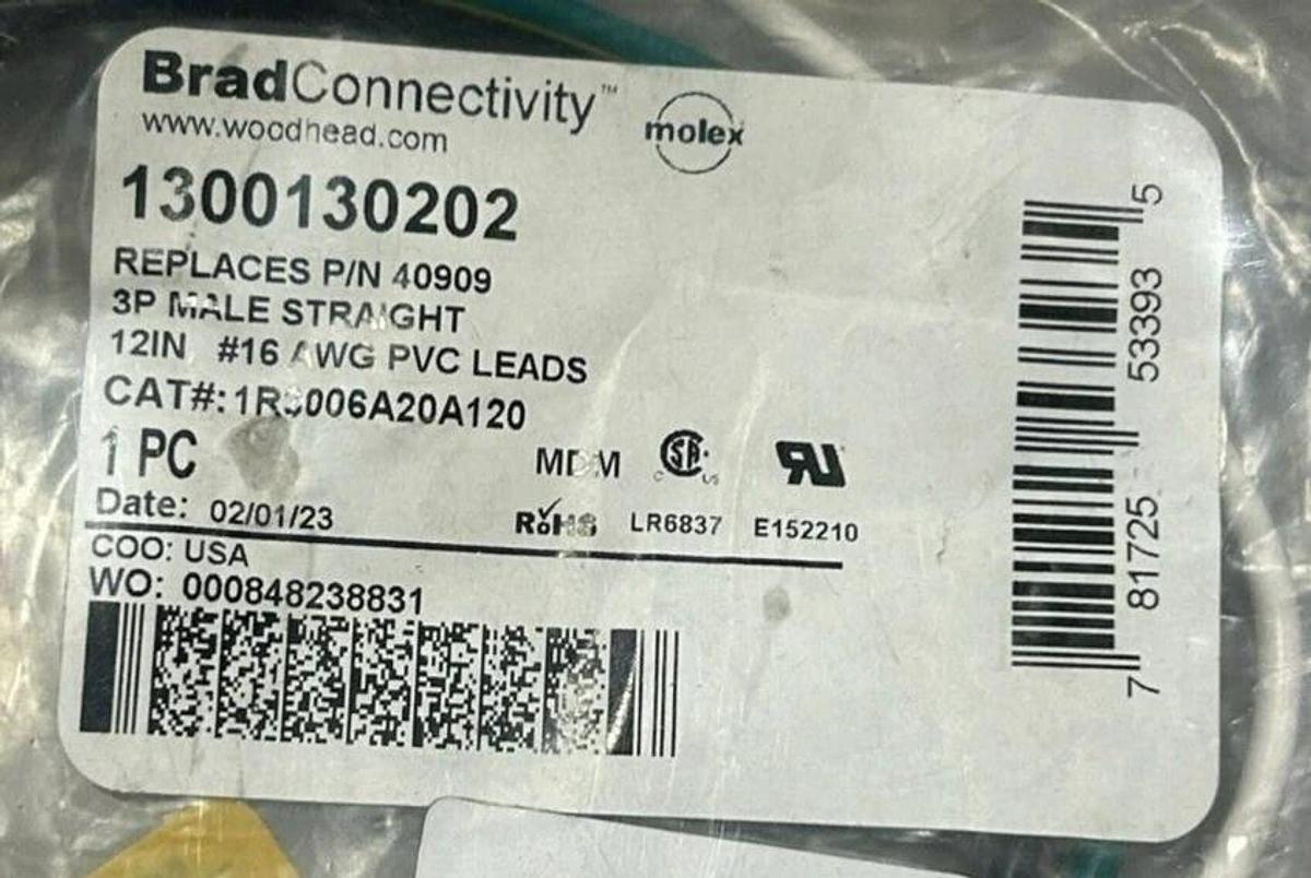 New Brad Connectivity 1300130202 Receptacle 3P Male Straight 12" #16 AWG