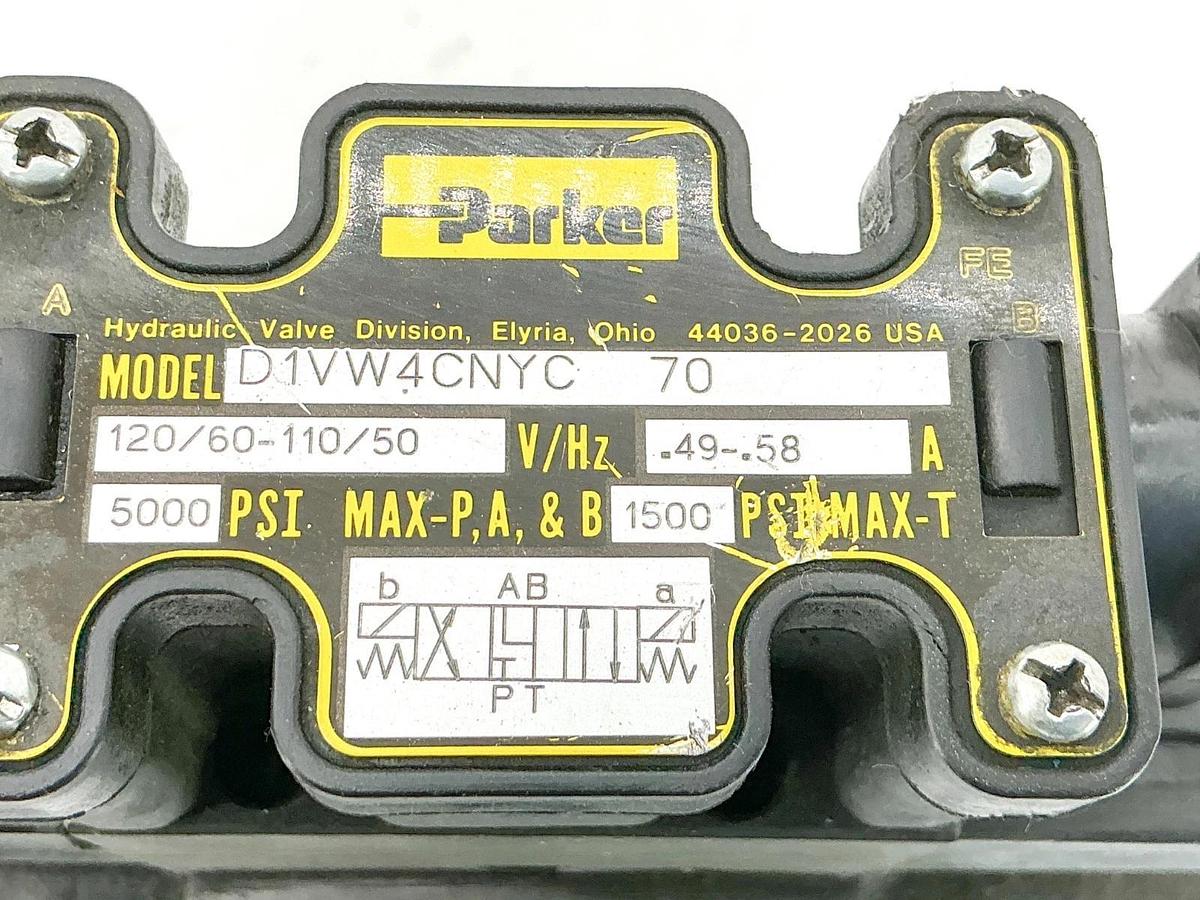 Used Parker D1VW4CNYC-70 Solenoid Valve 5000PSI ,58A 110/120V W/ Base