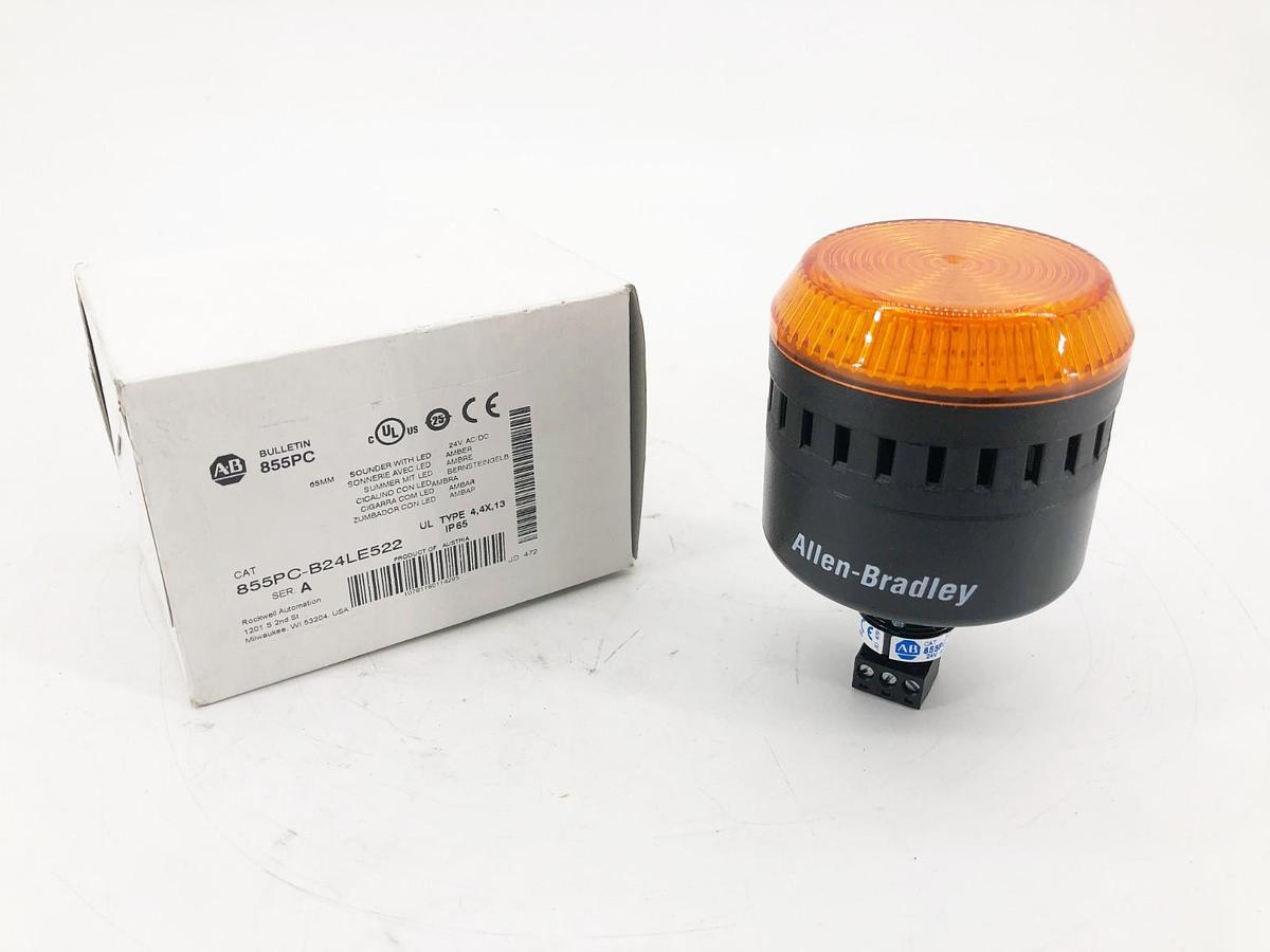 New Allen Bradley 855PC-B24LE522 Panel Mount Sounder w/ Amber LED 24VAC/DC