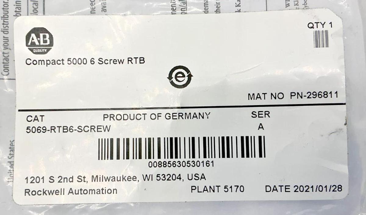 New Allen Bradley 5069-RTB6-SCREW Ser A Removable Terminal Block 6-Screw RTB