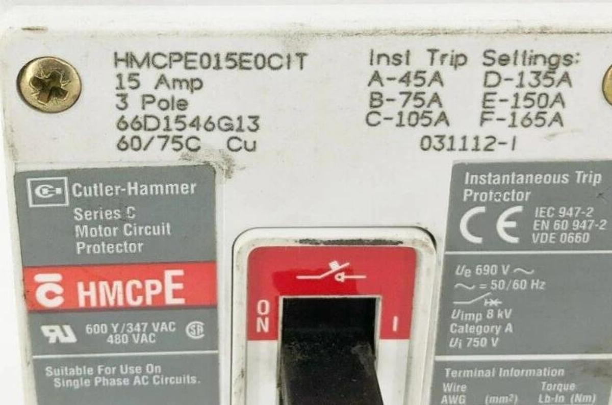 Used Cutler Hammer HMCPE015E0CIT Motor Circuit Protector Breaker 3P 480V 15A