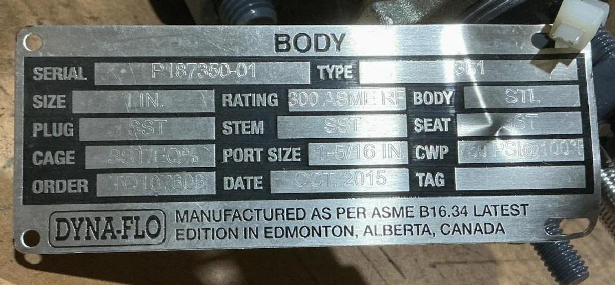 New Dyna-Flo 361 Control Valve Size-1" Port Size-1-5/16in 300ASME-RF - No Box