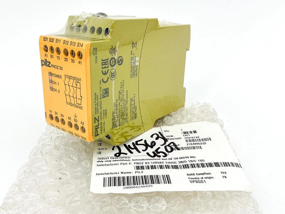 New Pilz PNOZ X3 120VAC 24VDC 3N/O 1N/C 1S0 Safety Relay 774316