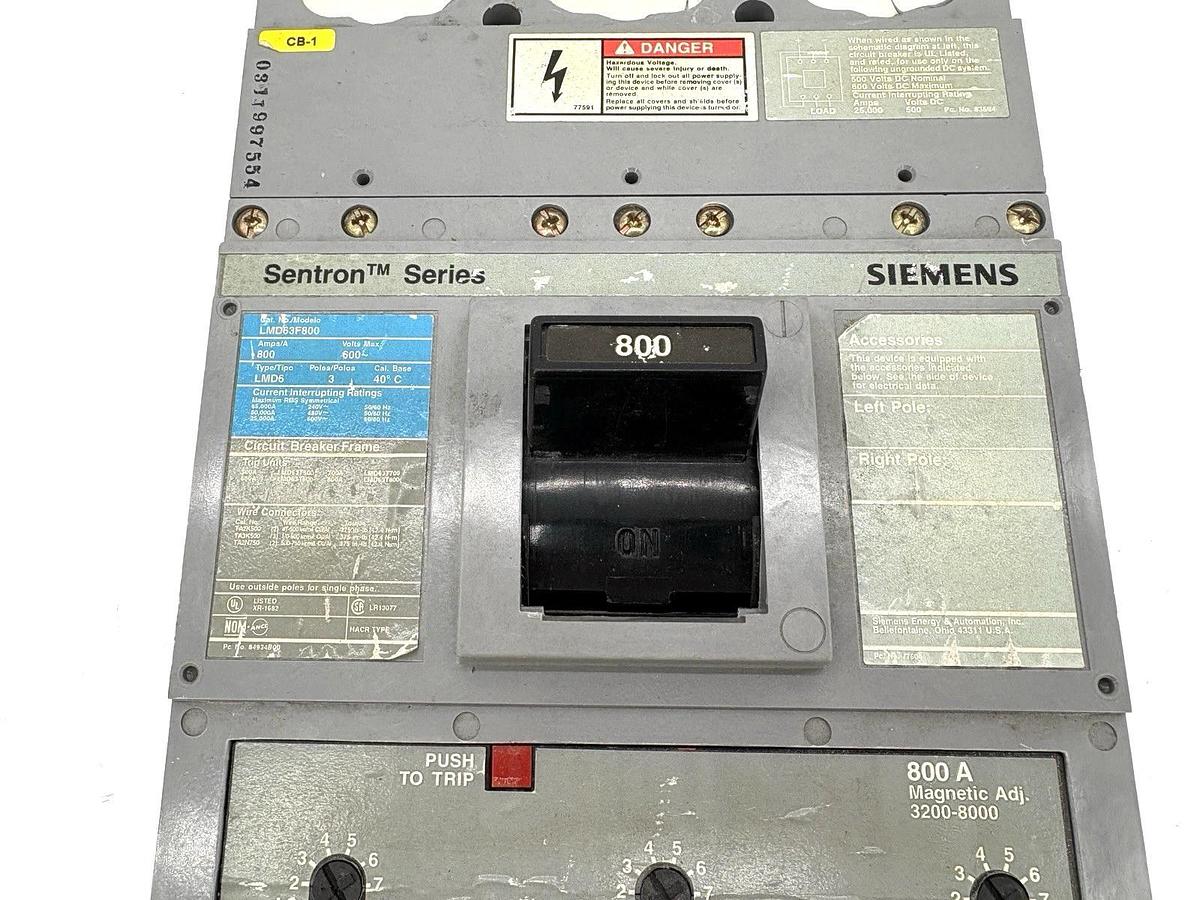 Used Siemens LMD63B800 Circuit Breaker 800A 600V 3P LMD63F800 w/800A Trip Unit