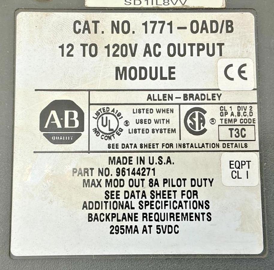 Used Allen Bradley 1771-OAD Ser B AC Output Module 16-Point 12-120VAC 50/60HZ 1771OAD