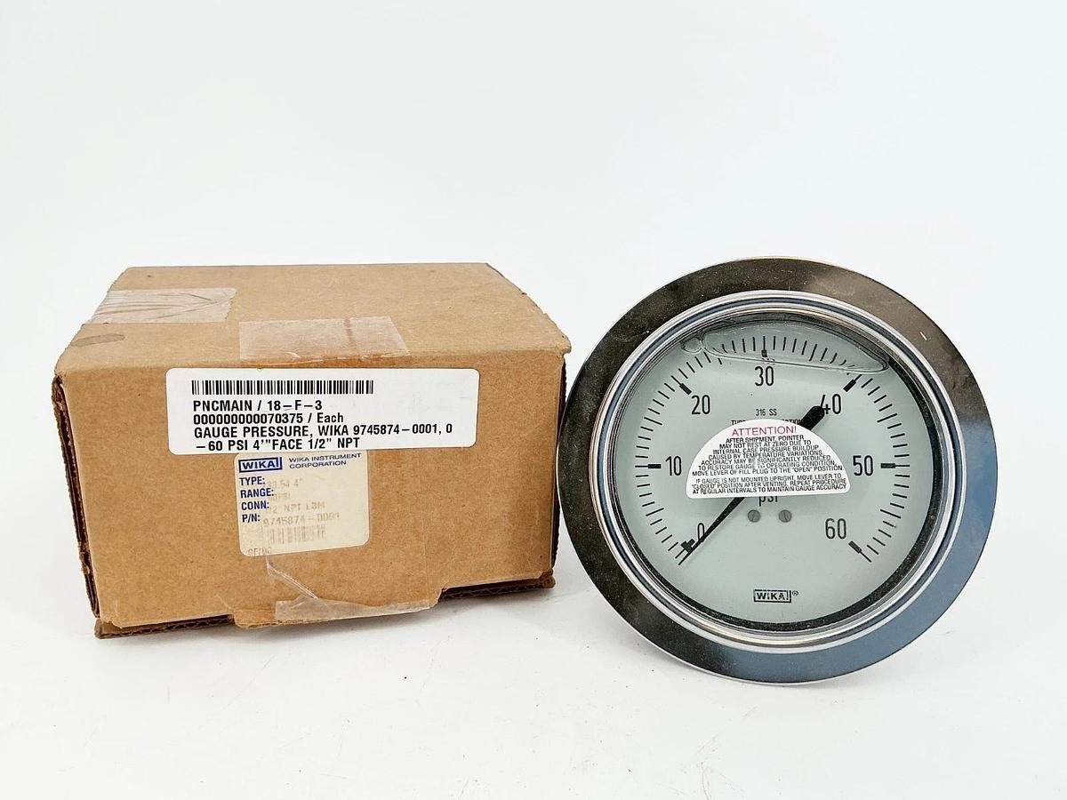New Wika Type 233.54 4" 9745874-0001 Pressure Gauge 0-60PSI 1/2" NPT 316 SS