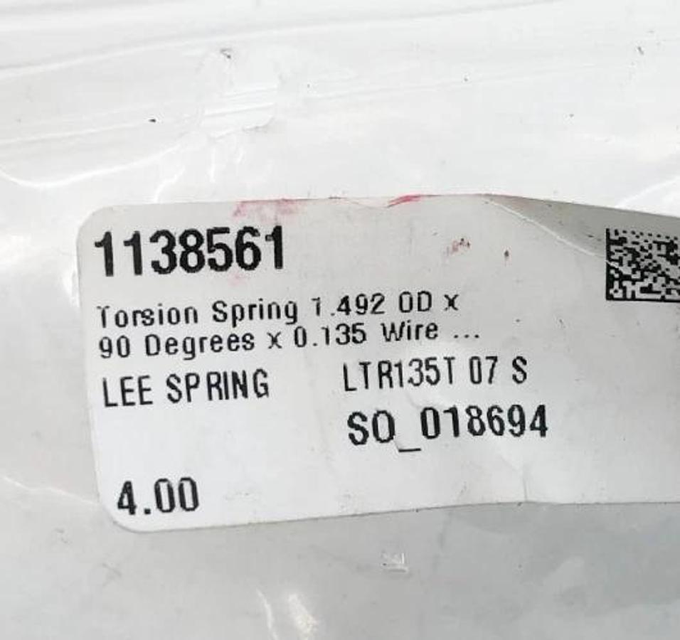 Lot of 4 New Lee Spring LTR135T 07 S Torsion Spring 1.492" OD 90 Deg. - No Box
