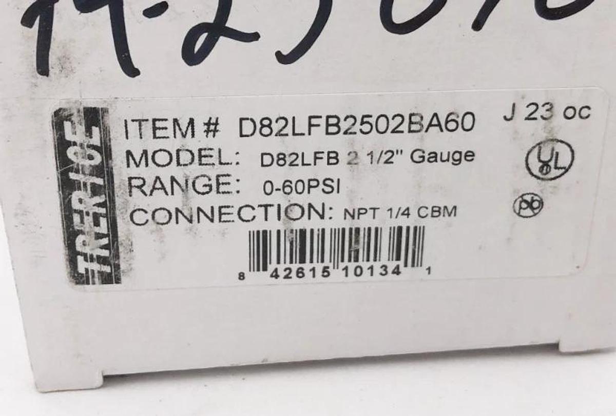 New Trerice D82LFB2502BA60 Pressure Gauge D82LFB 2-1/2" 0-60psi 1/4" NPT CBM