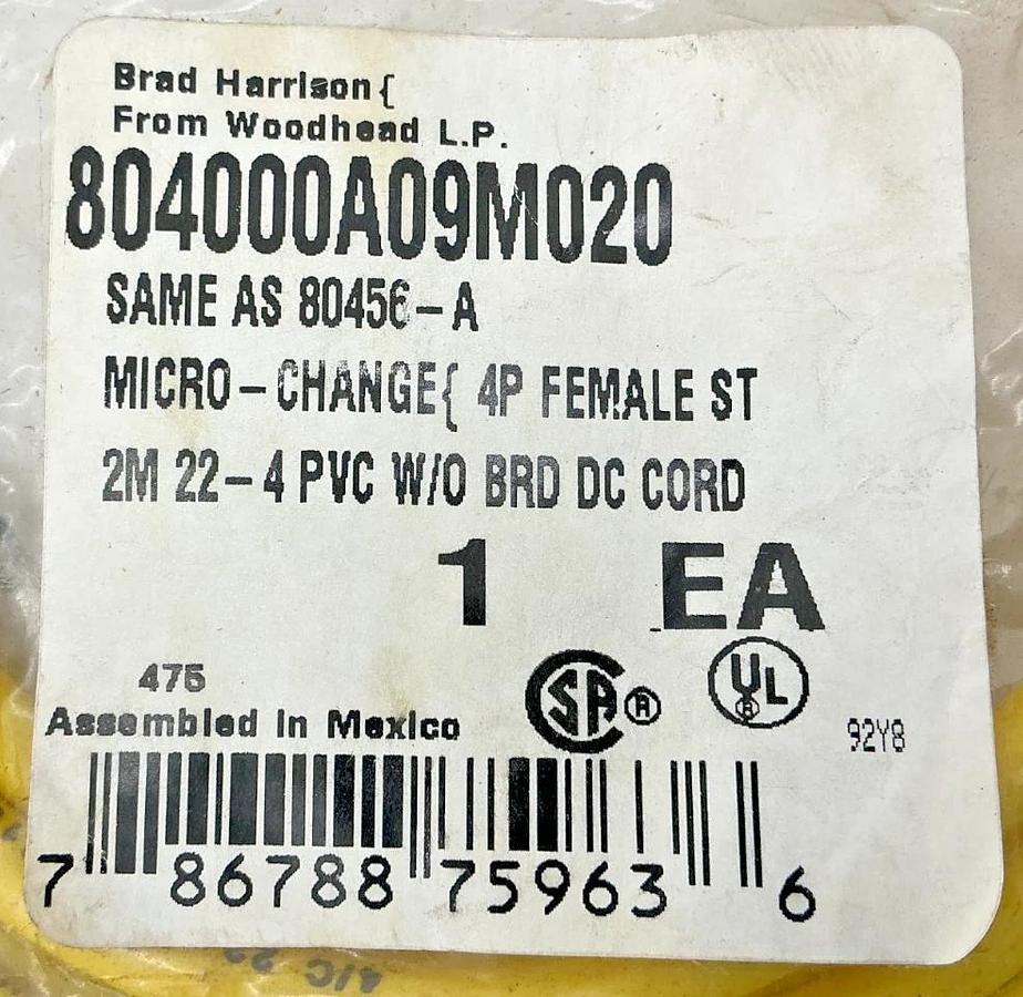 New Brad Connectivity 804000A09M020 Cordset Female Micro-Change 4-Pin 4-Wire 4A