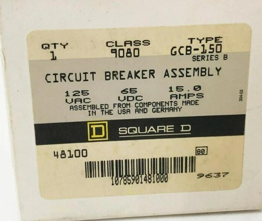 New Square D 9080 GCB-150 Circuit Breakers 15A 125VAC 65VDC Series B