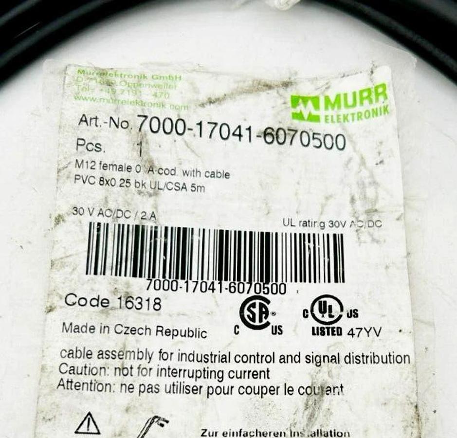 New Murr Elektronic 7000-17041-6070500 Female Connector Cable, 30VAC/DC, 2A, 5m