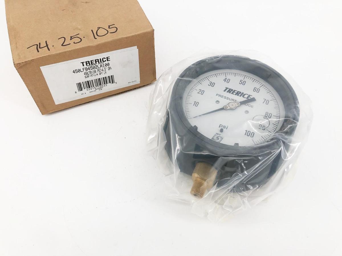 New Trerice 450LFB4502LA100 Process Gauge 450LFB 4.5" 100psi 1/4" NPT Lower