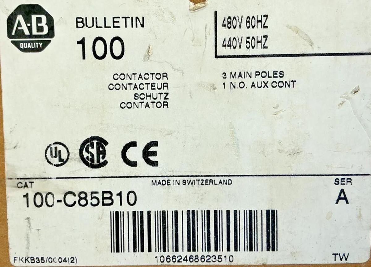 New Allen Bradley 100-C85B10 Ser A Contactor 3-Poles 1 NO Aux 440/480V 100C85*00