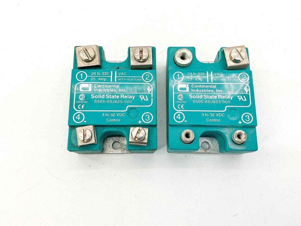 Used Lot of 2 Continental Industries S505-0SJ625-000 Solid State Relay 3-32VDC 25A