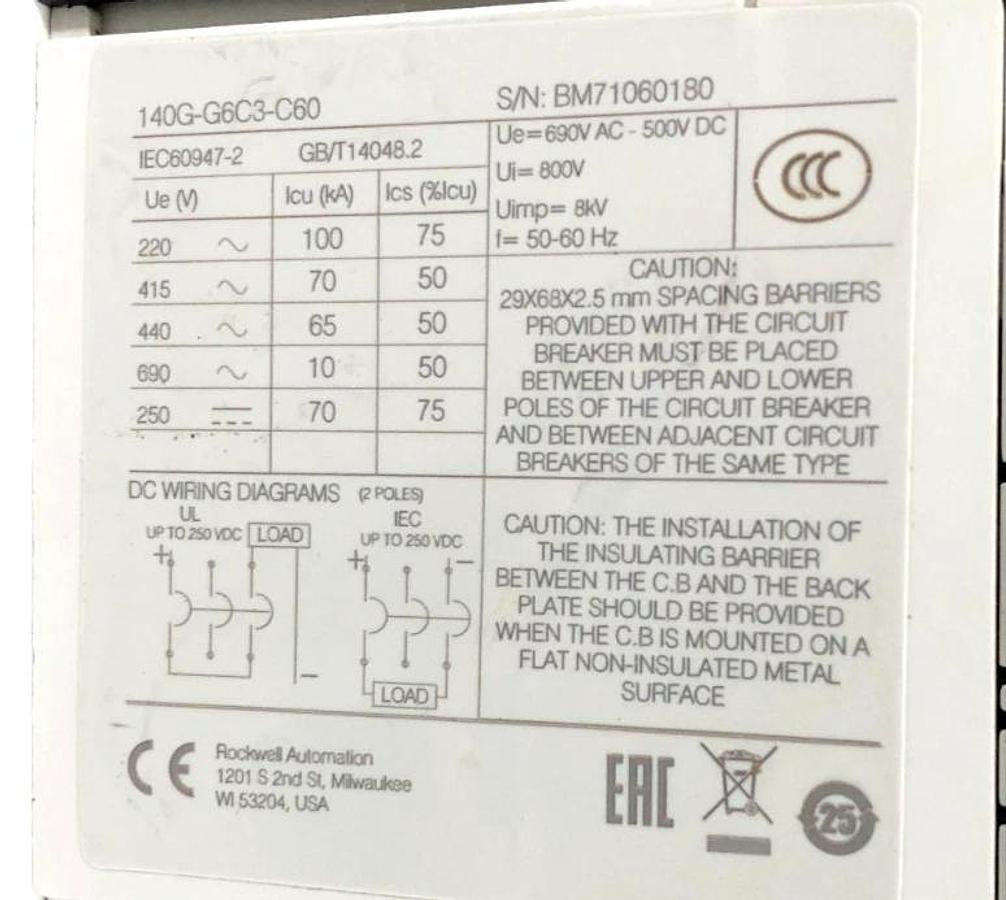 New Allen Bradley 140G-G6C3-C60 Circuit Breaker 60A 3P 480V-600Y/347V - No Box